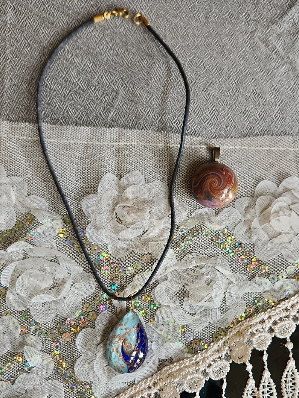 Handmade Teardrop Blue and Turquoise Glass Pendant And Swireled Ceramic Pendant